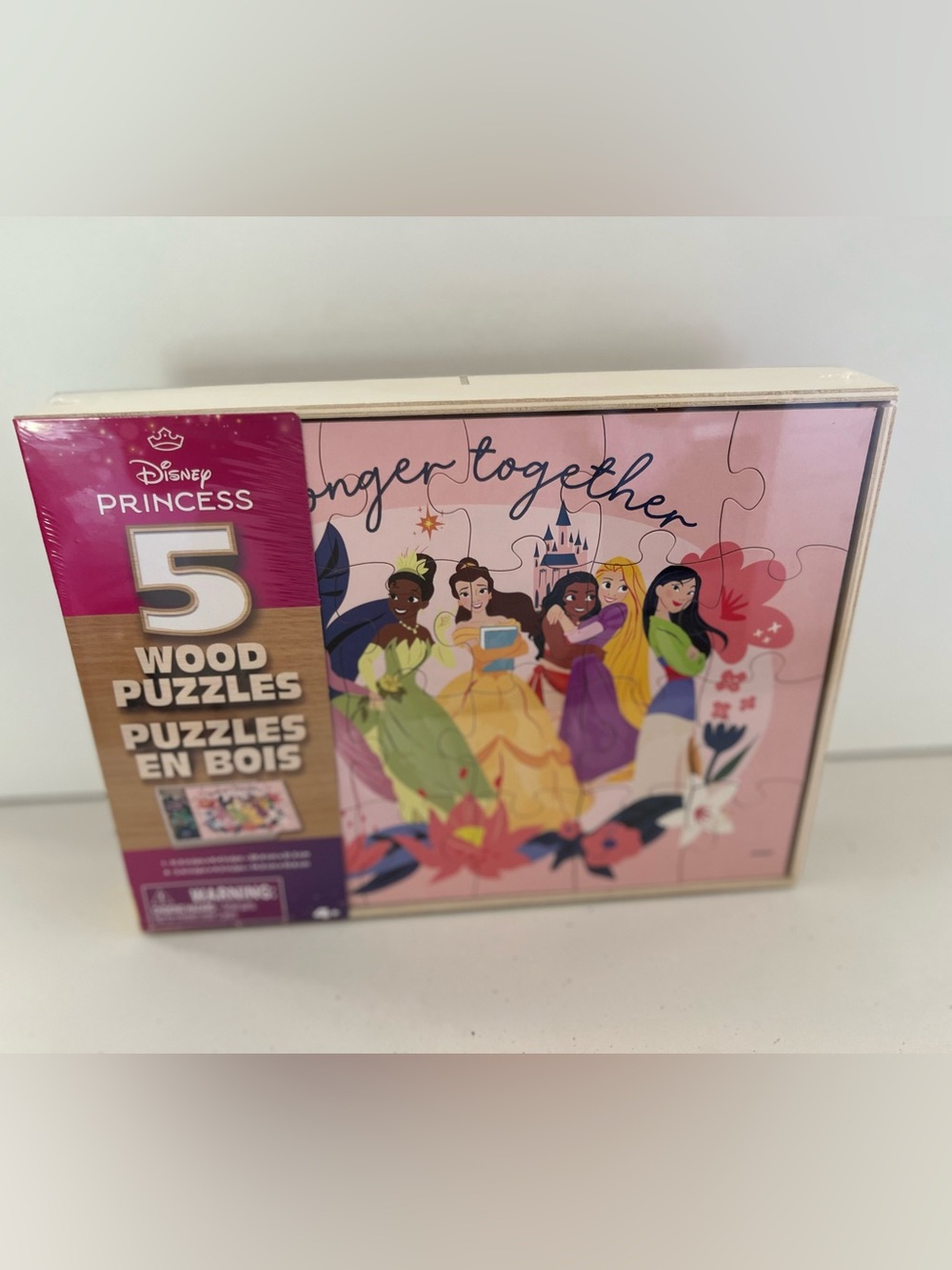 Disney Princess 5 Wood Puzzles Set 24 & 8 Piece Wooden Storage Box NWT